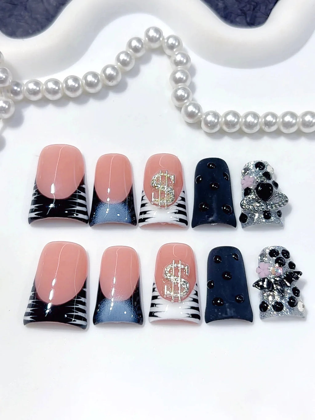 L303 - Short Nude Pink Black Duck French Tip Rhinestones - view 2