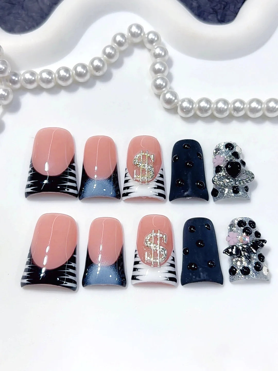 L303 - Short Nude Pink Black Duck French Tip Rhinestones - view 2