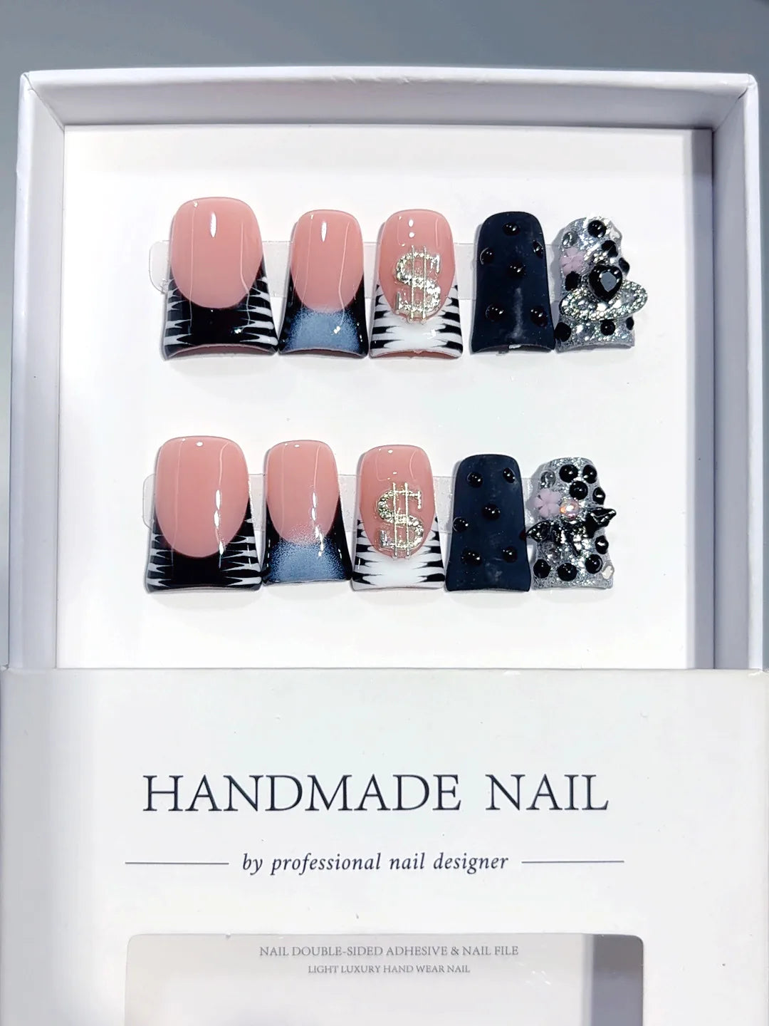 L303 - Short Nude Pink Black Duck French Tip Rhinestones - view 6