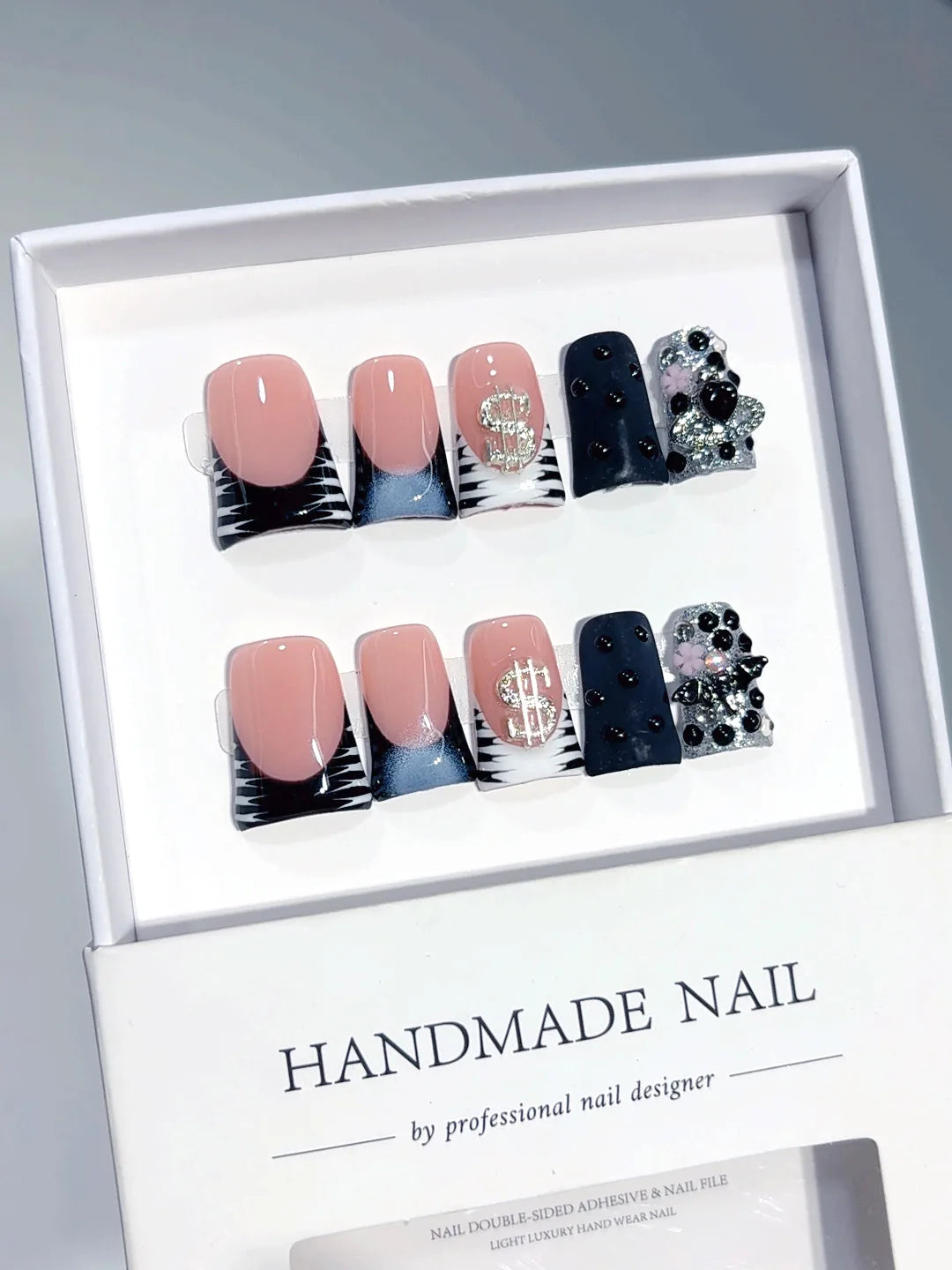 L303 - Short Nude Pink Black Duck French Tip Rhinestones - view 7