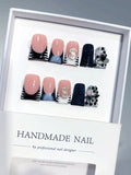 L303 - Short Nude Pink Black Duck French Tip Rhinestones - view 3