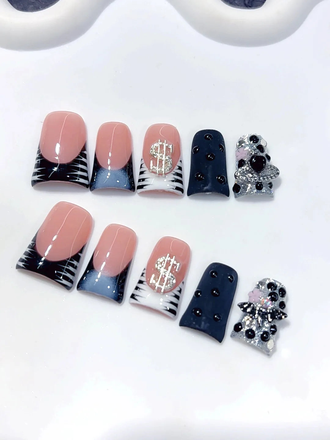 L303 - Short Nude Pink Black Duck French Tip Rhinestones - view 1