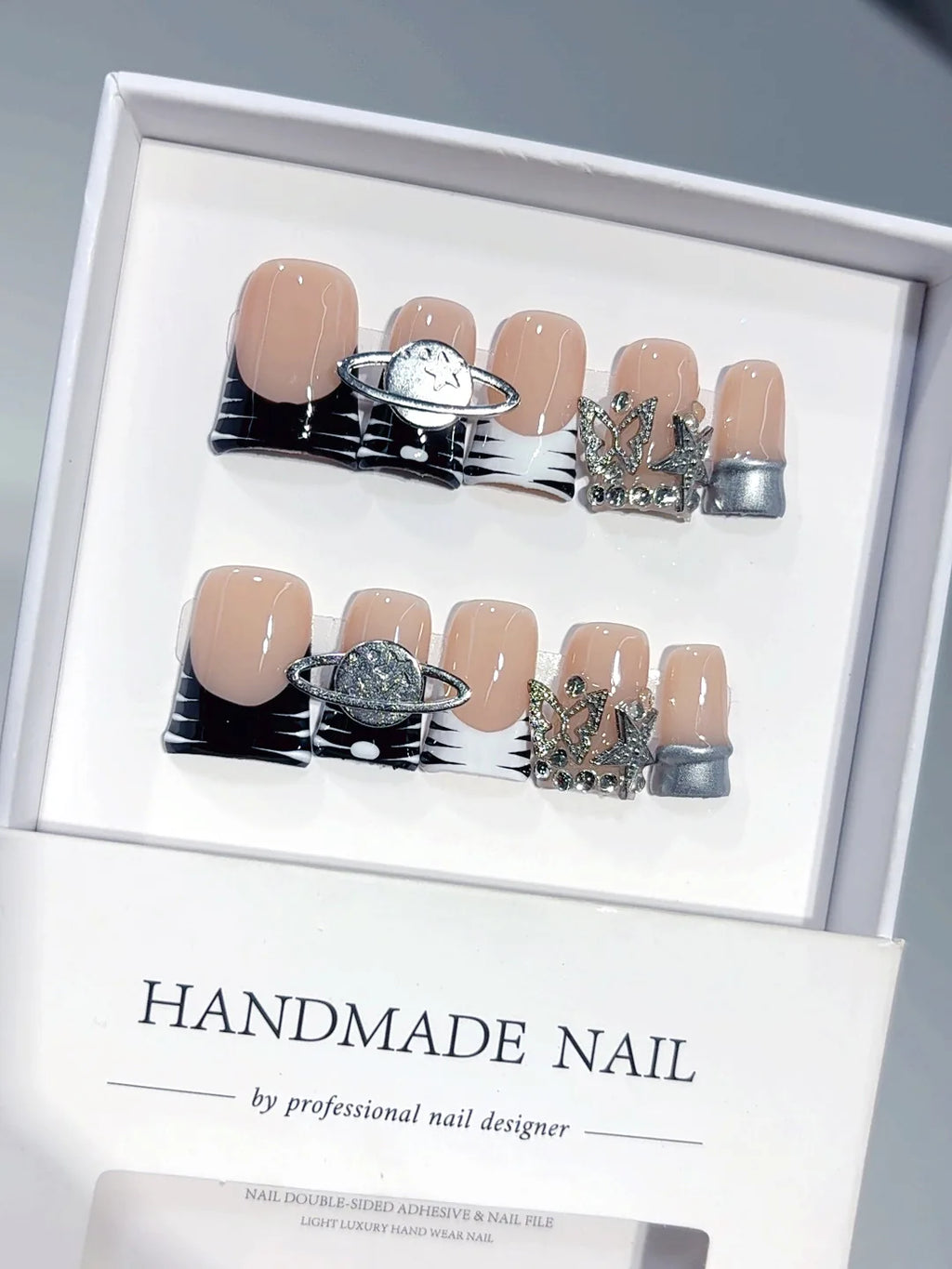L304 - Short Nude Black Duck French Tip Silver Line Rhinestones - view 4