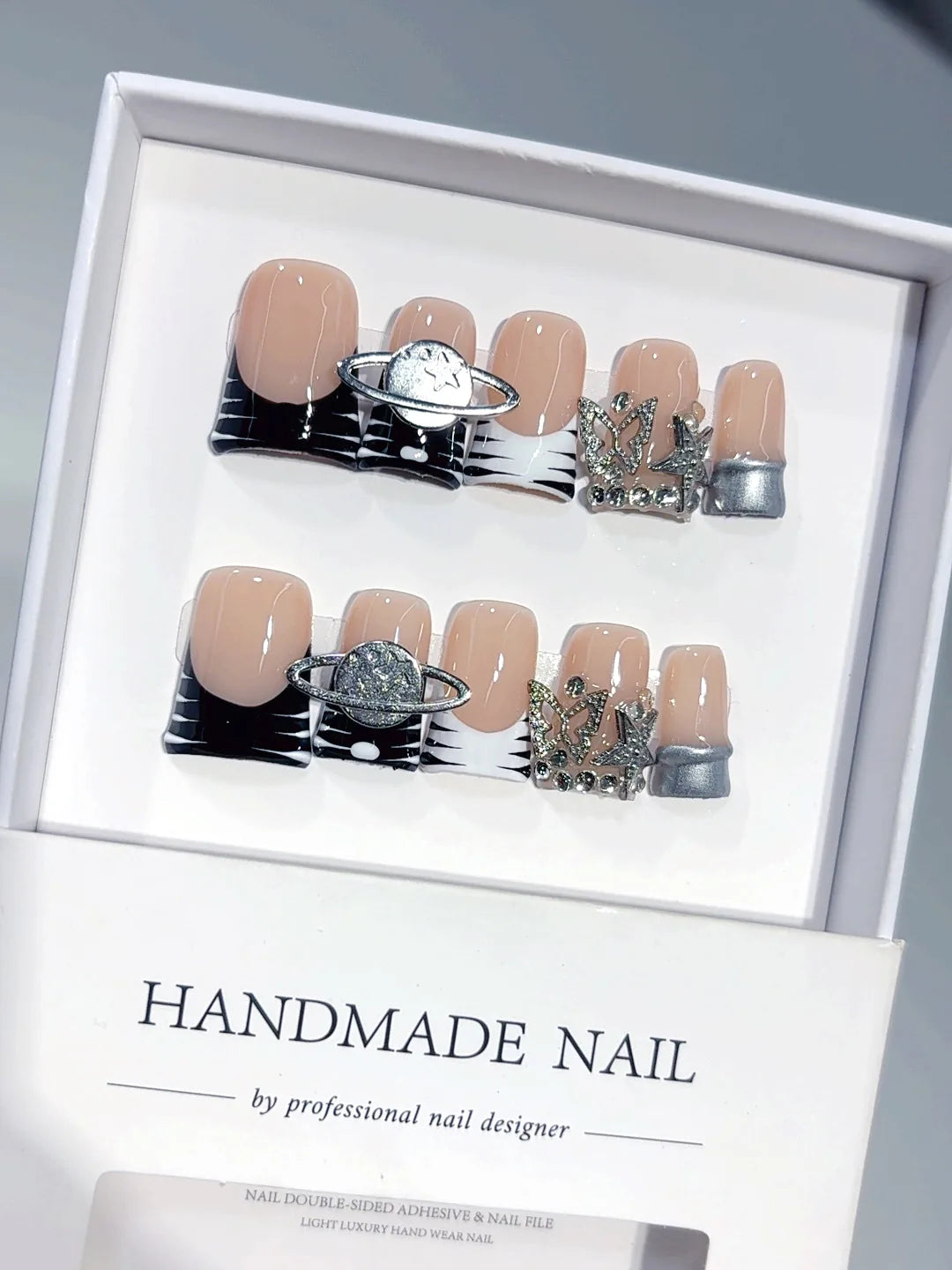 L304 - Short Nude Black Duck French Tip Silver Line Rhinestones - view 4