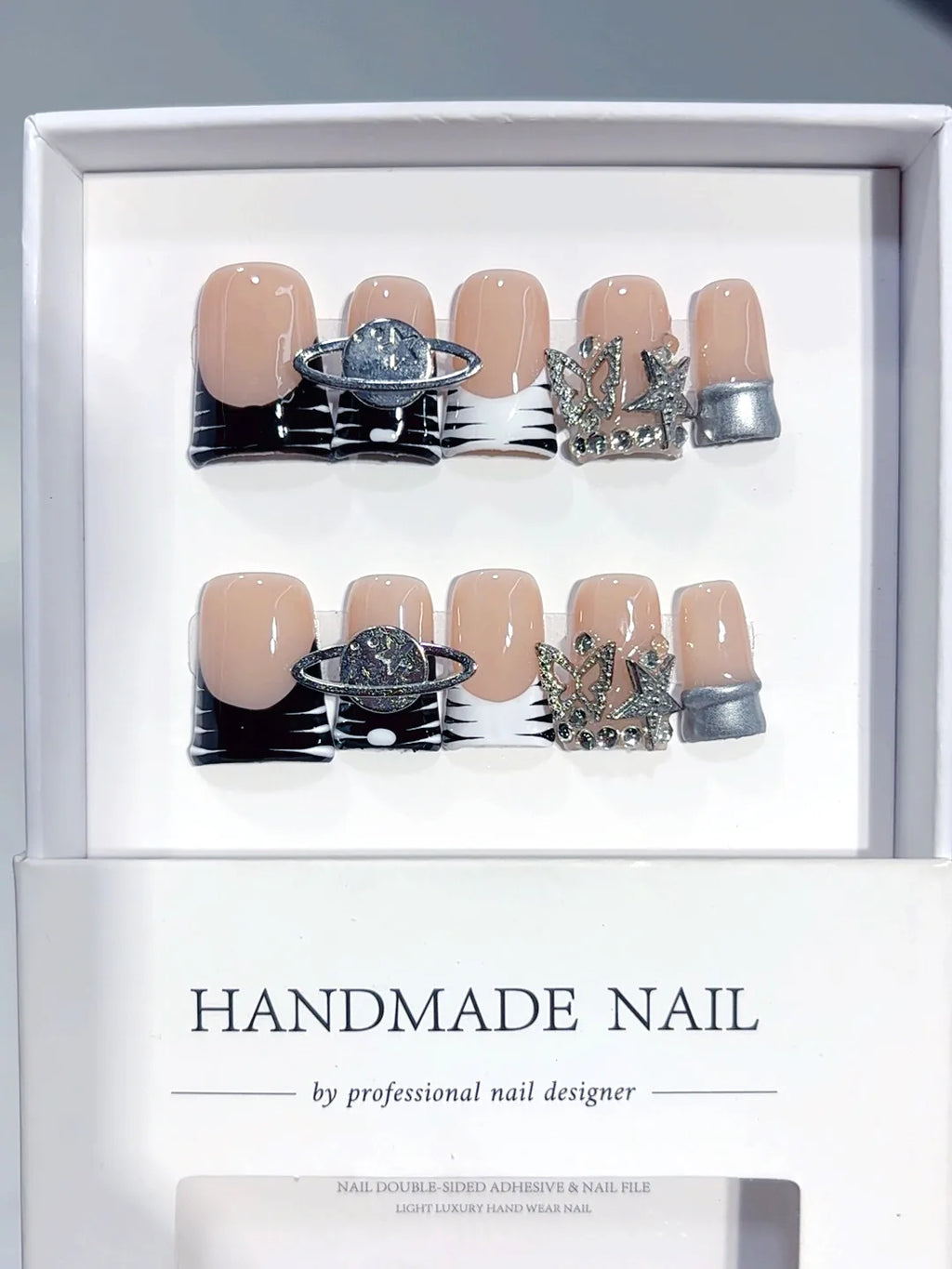 L304 - Short Nude Black Duck French Tip Silver Line Rhinestones - view 5