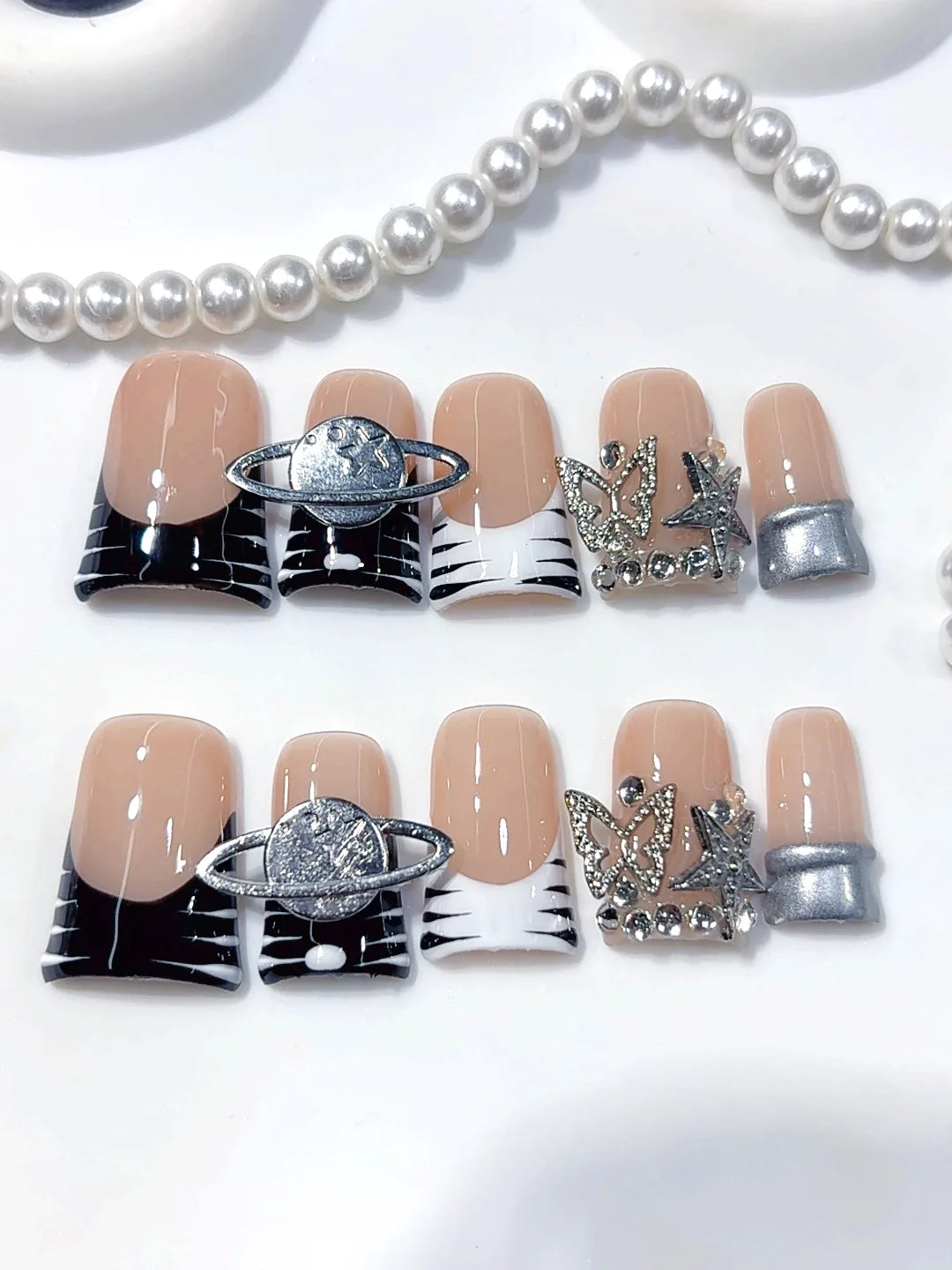 L304 - Short Nude Black Duck French Tip Silver Line Rhinestones - view 2