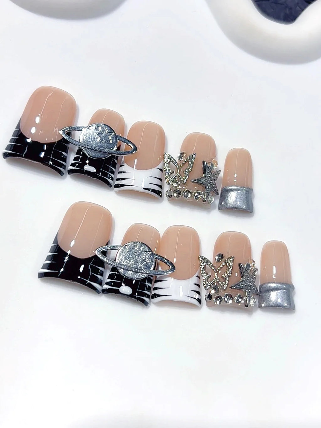 L304 - Short Nude Black Duck French Tip Silver Line Rhinestones - view 6