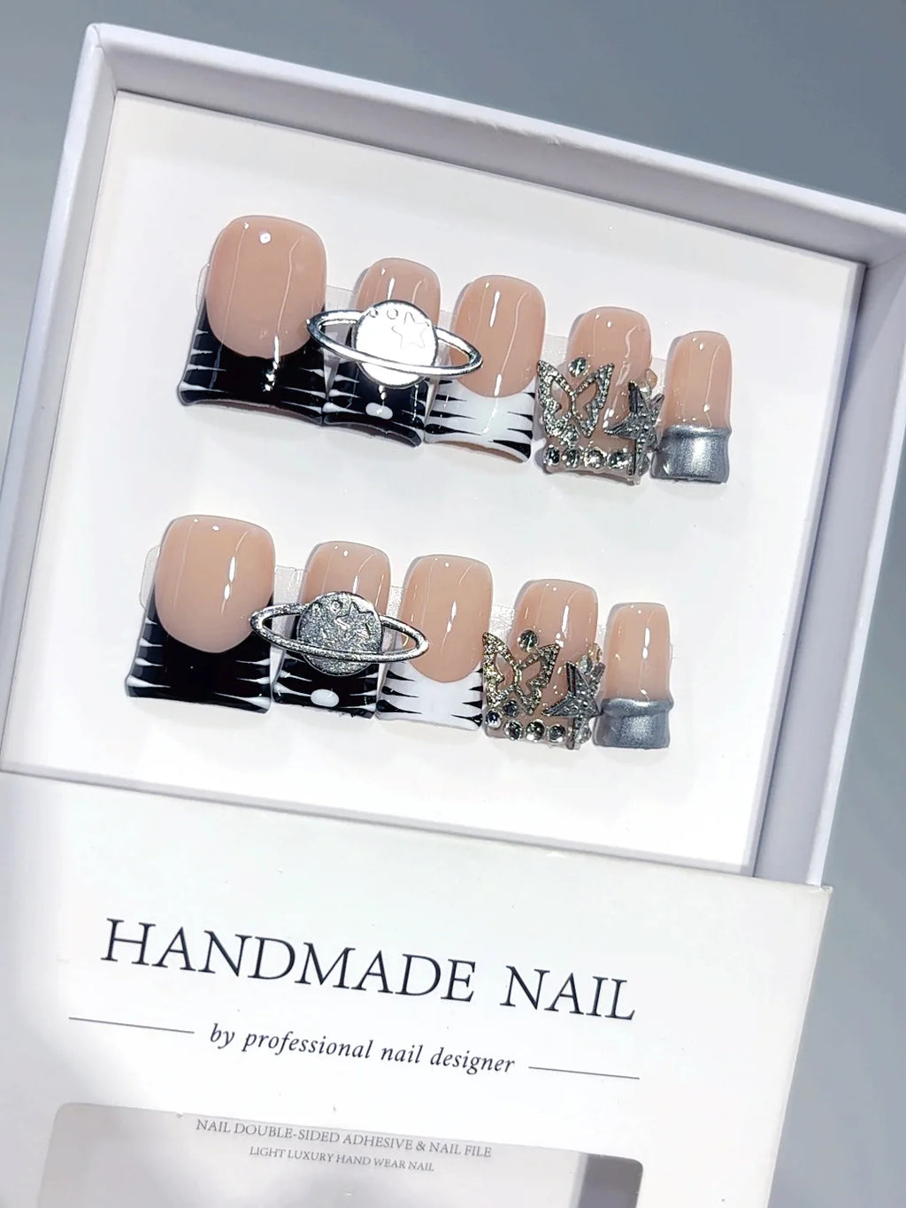 L304 - Short Nude Black Duck French Tip Silver Line Rhinestones - view 7
