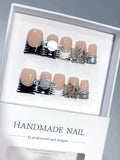 L304 - Short Nude Black Duck French Tip Silver Line Rhinestones - view 7