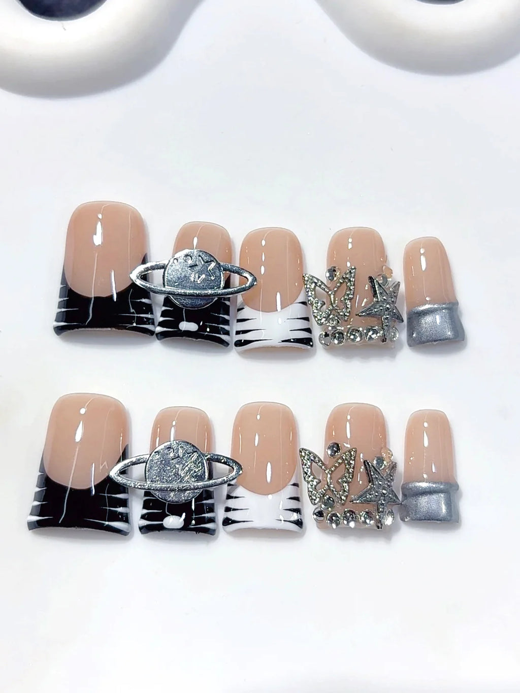 L304 - Short Nude Black Duck French Tip Silver Line Rhinestones - view 3