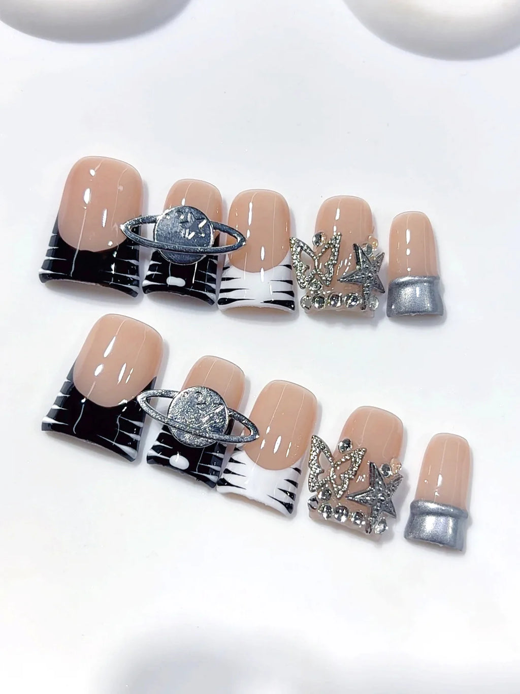 L304 - Short Nude Black Duck French Tip Silver Line Rhinestones - view 1