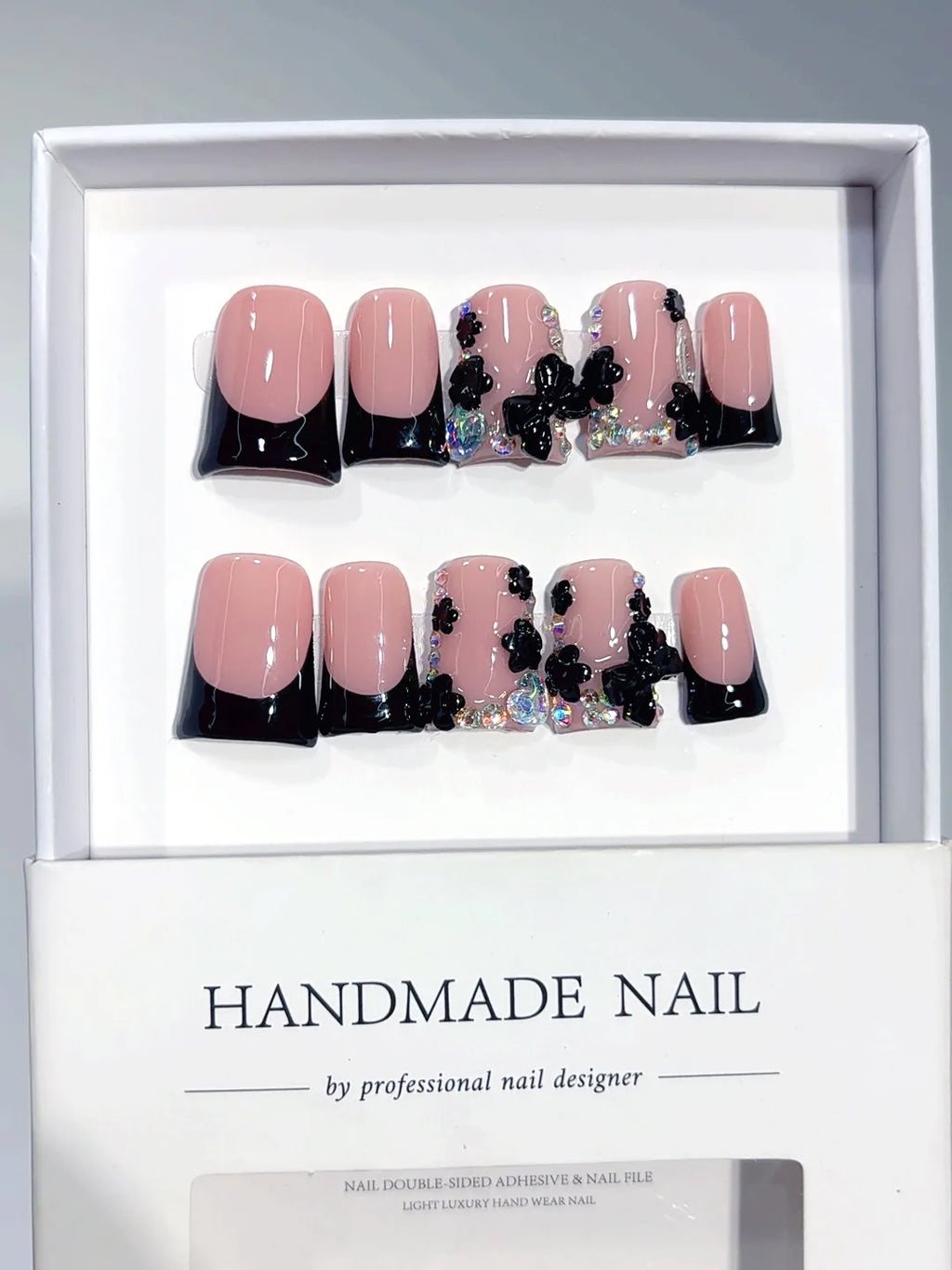L305 - Short Pink Black Duck French Tip Rhinestones - view 5