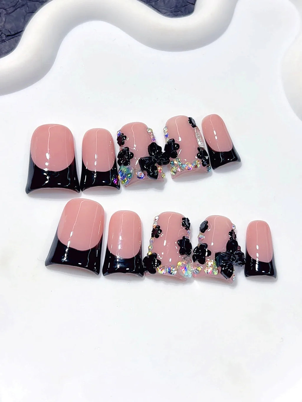 L305 - Short Pink Black Duck French Tip Rhinestones - view 2