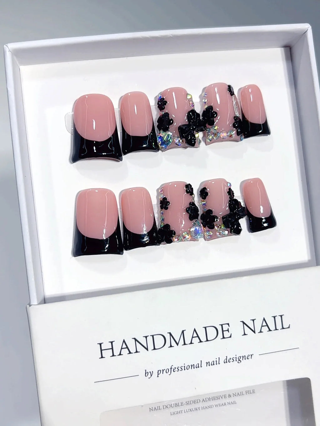 L305 - Short Pink Black Duck French Tip Rhinestones - view 6