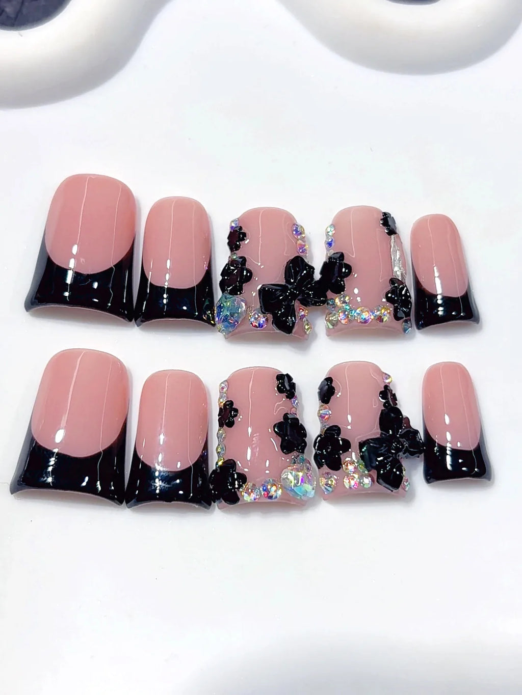 L305 - Short Pink Black Duck French Tip Rhinestones - view 7