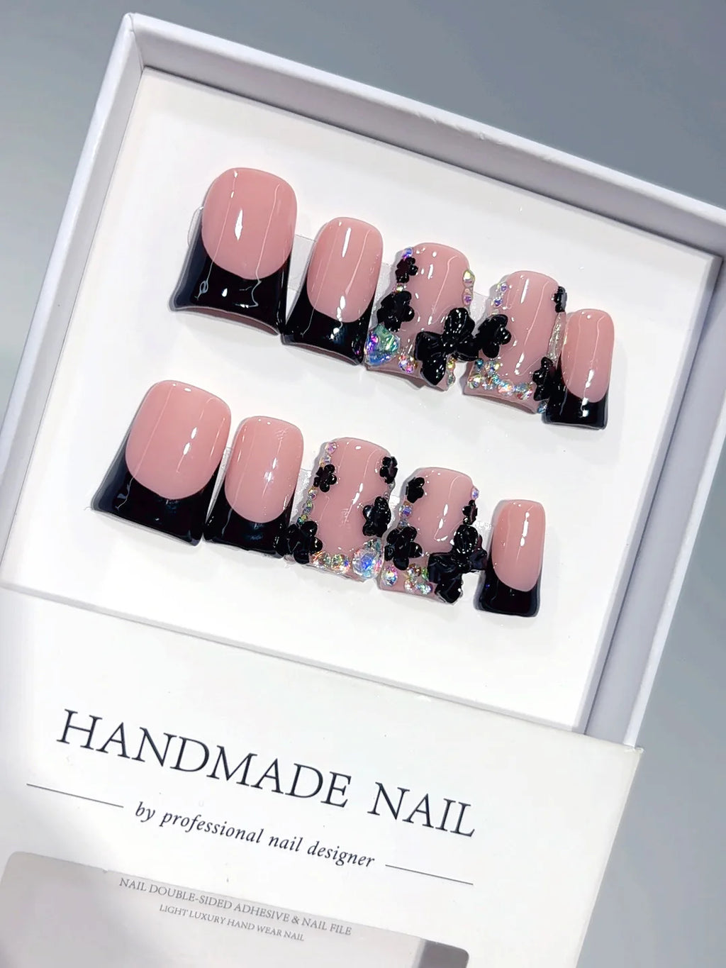 L305 - Short Pink Black Duck French Tip Rhinestones - view 3