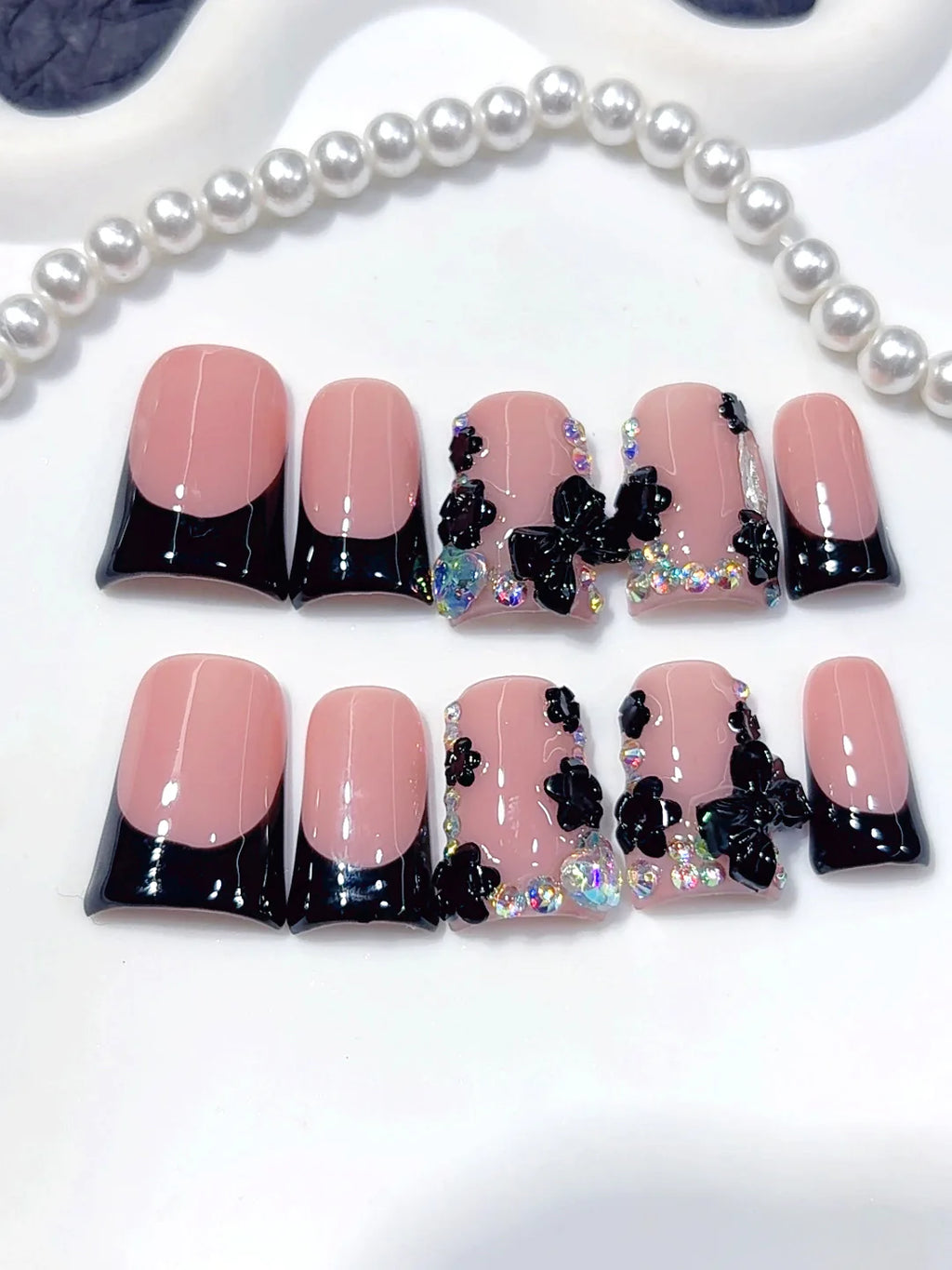 L305 - Short Pink Black Duck French Tip Rhinestones - view 1