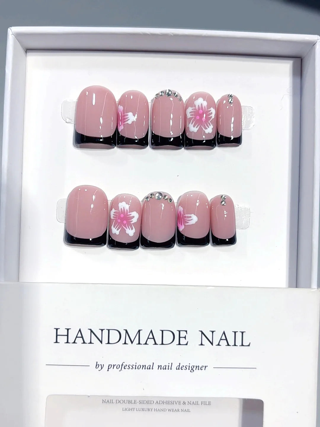 L306 - Short Pink White Duck Floral French Tip Rhinestones - view 4