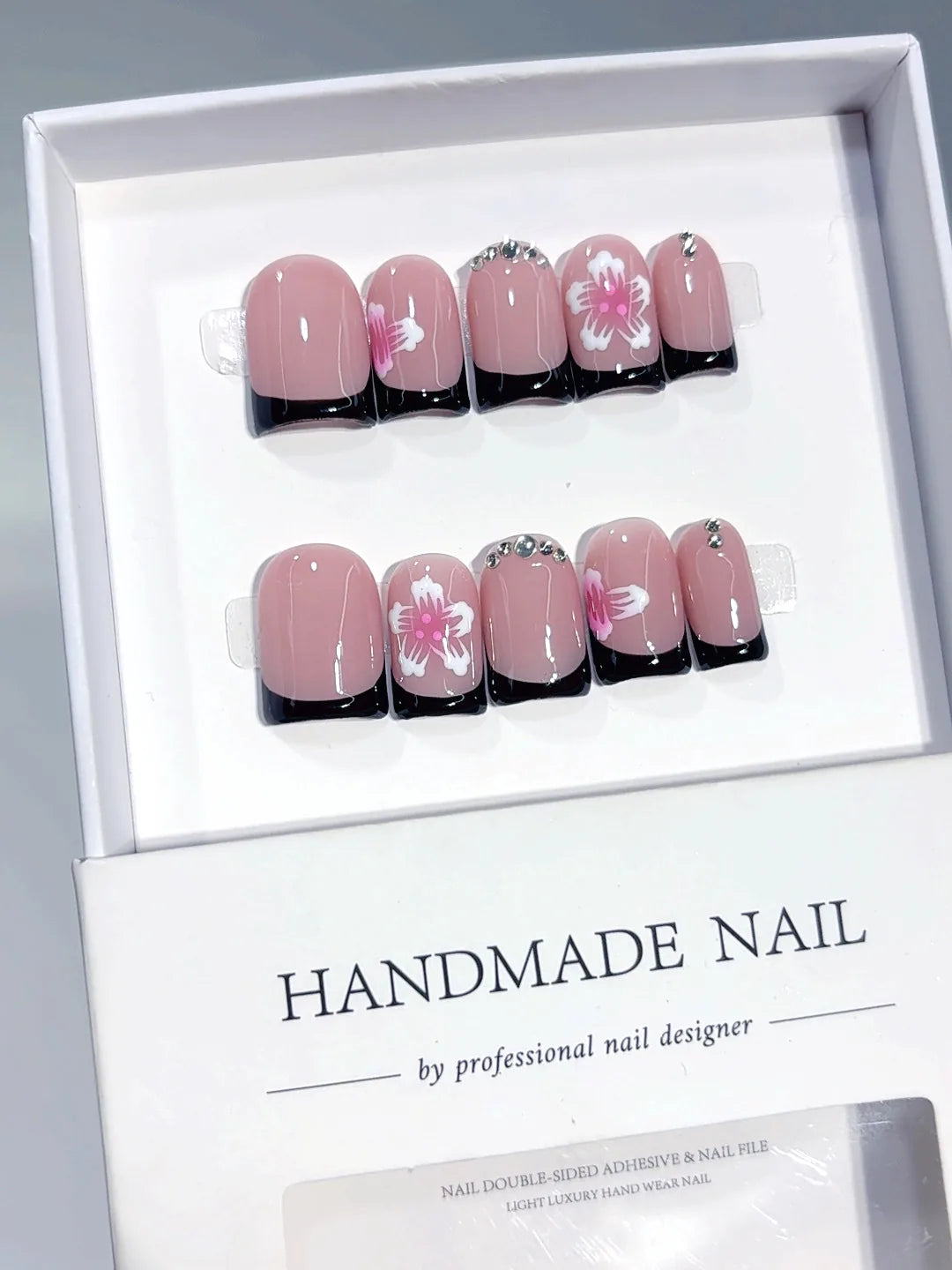 L306 - Short Pink White Duck Floral French Tip Rhinestones - view 5