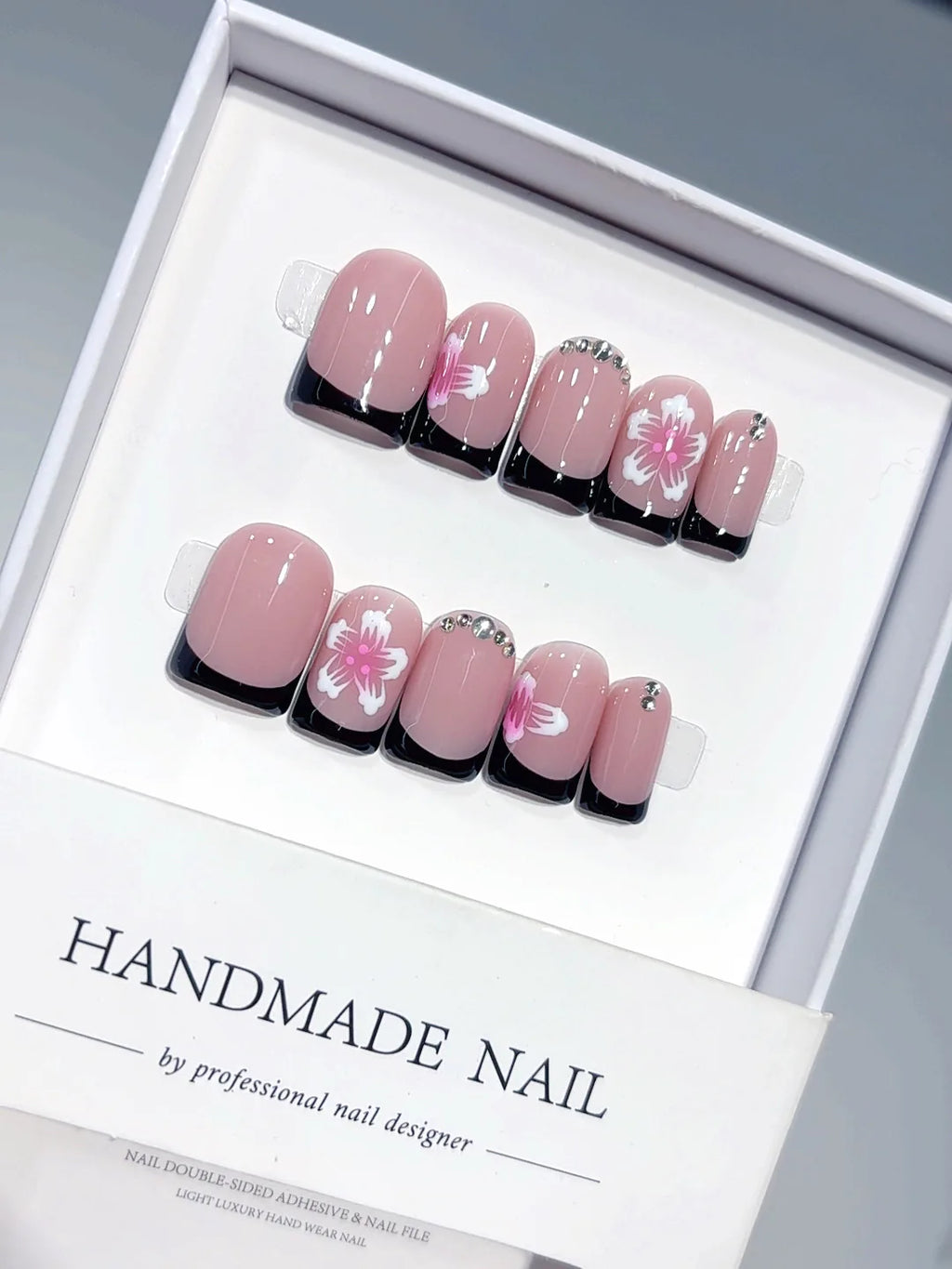 L306 - Short Pink White Duck Floral French Tip Rhinestones - view 2