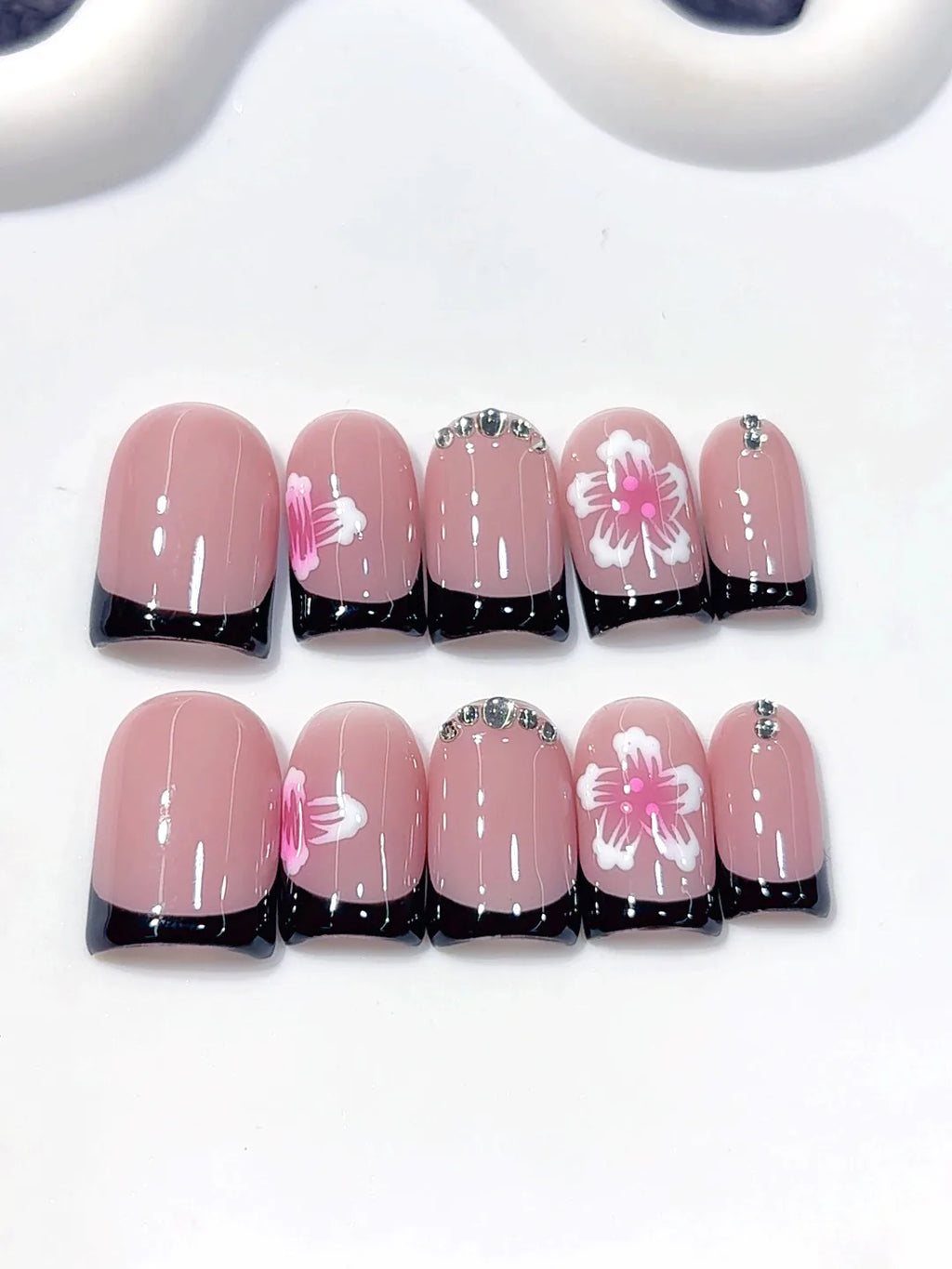 L306 - Short Pink White Duck Floral French Tip Rhinestones - view 6