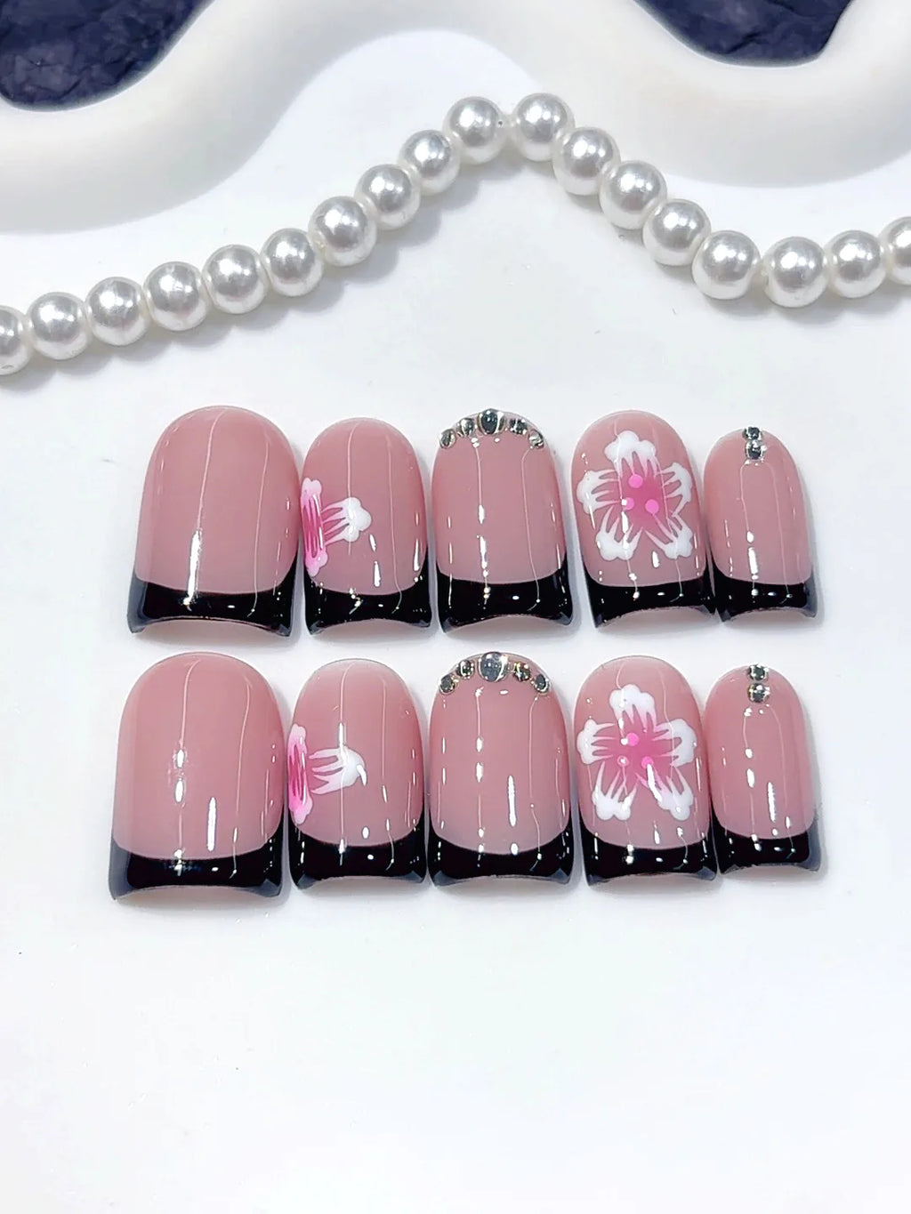 L306 - Short Pink White Duck Floral French Tip Rhinestones - view 7
