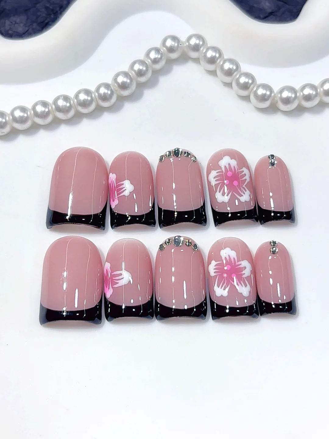 L306 - Short Pink White Duck Floral French Tip Rhinestones - view 7