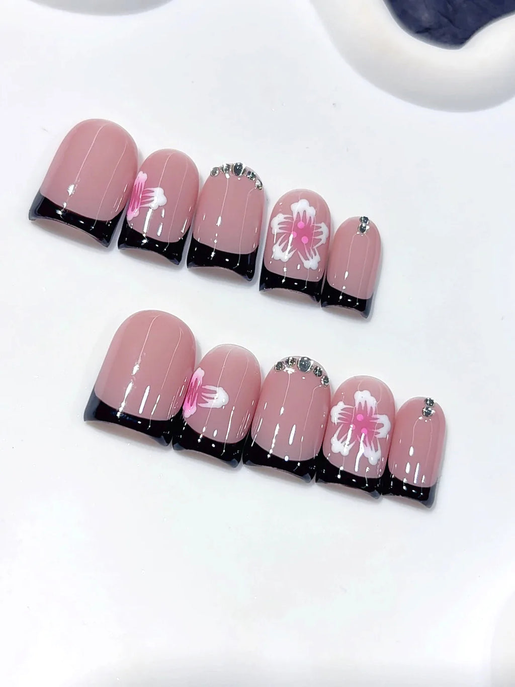 L306 - Short Pink White Duck Floral French Tip Rhinestones - view 3