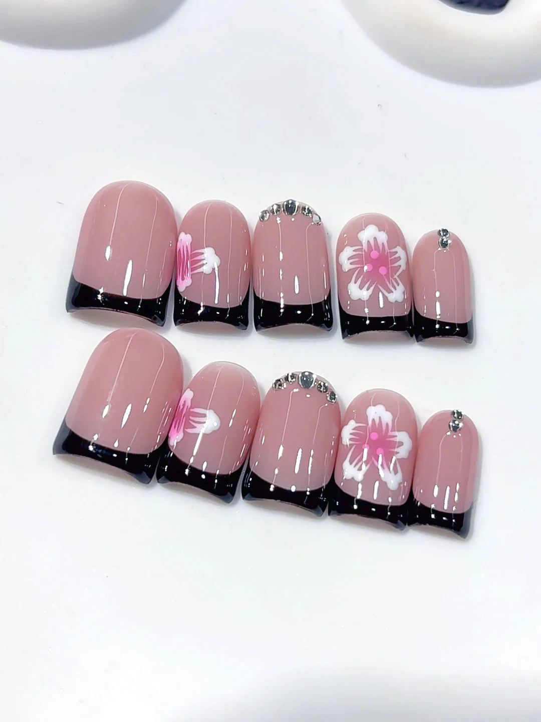 L306 - Short Pink White Duck Floral French Tip Rhinestones - view 1