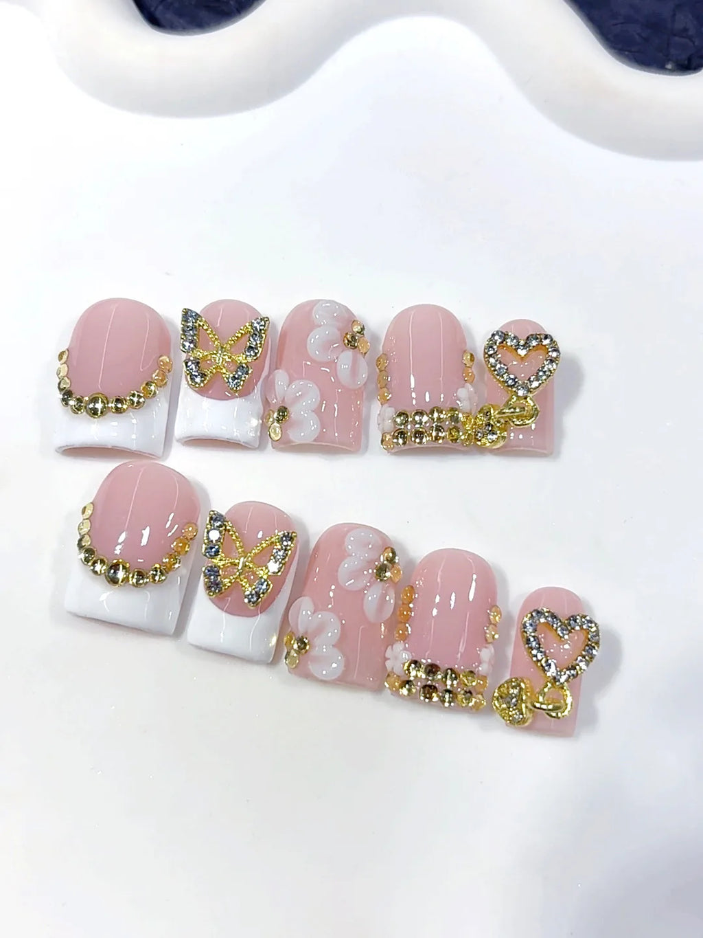 L307 - Short Nude Yellow Duck Floral French Tip 3D Flowers - view 5