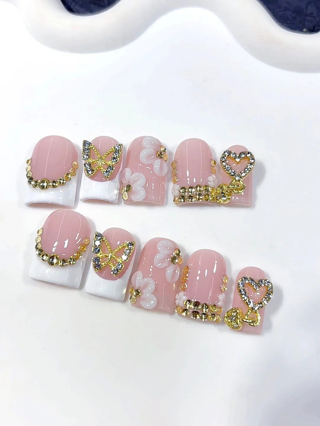 L307 - Short Nude Yellow Duck Floral French Tip 3D Flowers - view 5
