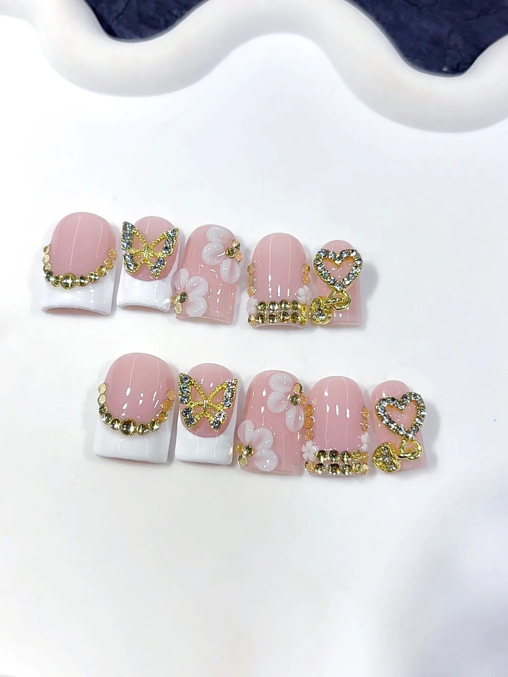 L307 - Short Nude Yellow Duck Floral French Tip 3D Flowers - view 6
