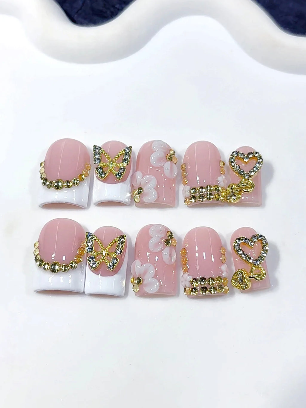 L307 - Short Nude Yellow Duck Floral French Tip 3D Flowers - view 3