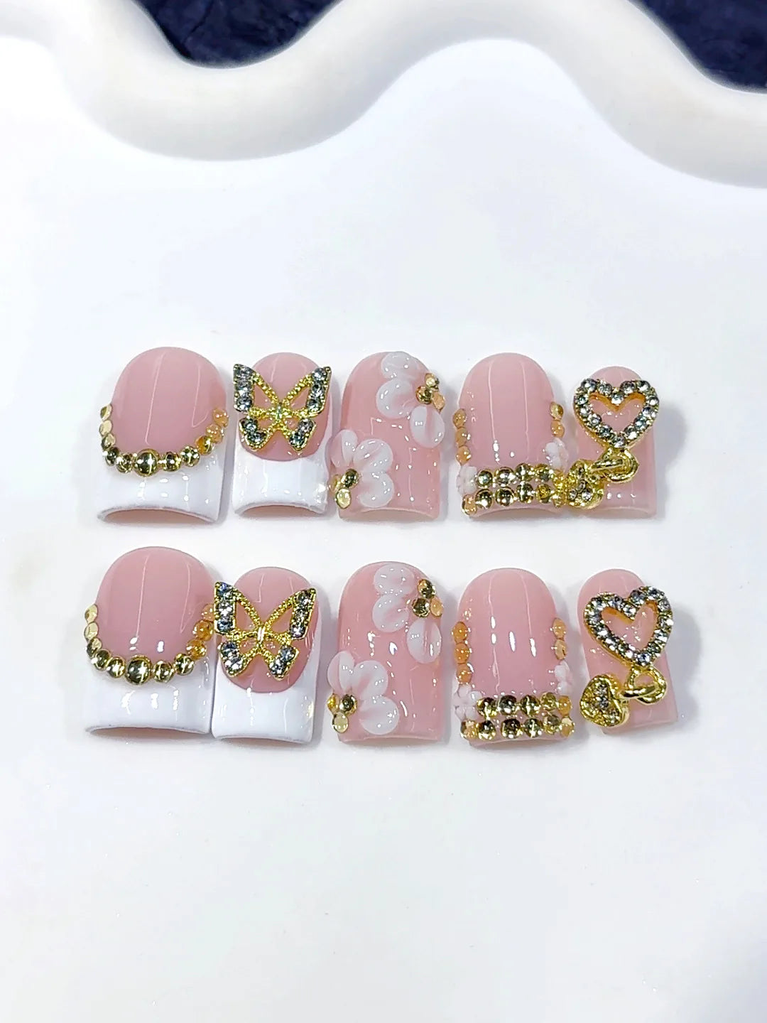 L307 - Short Nude Yellow Duck Floral French Tip 3D Flowers - view 3