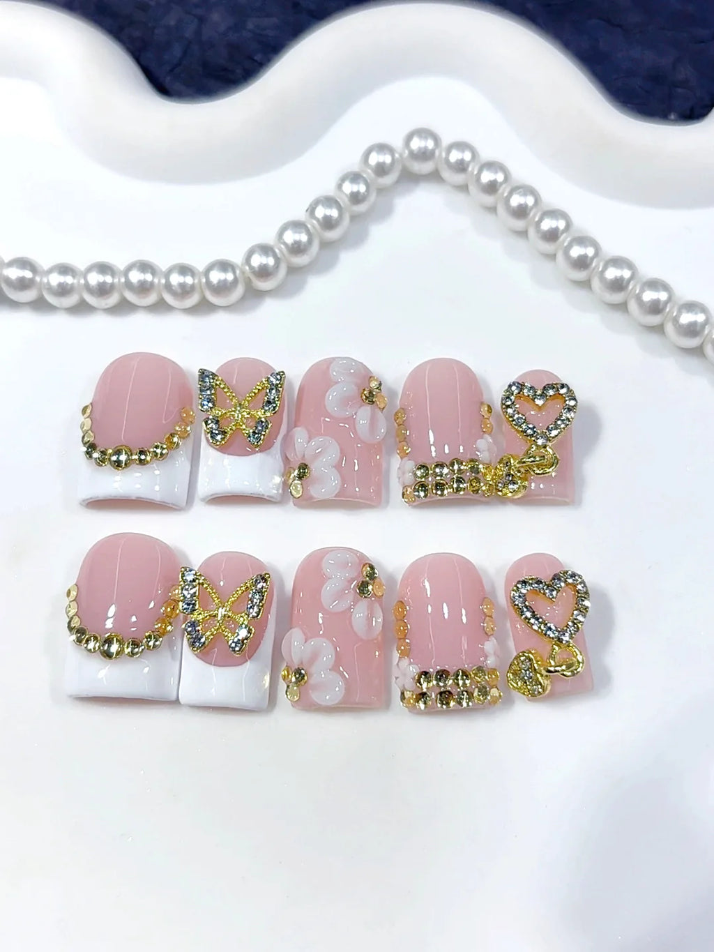 L307 - Short Nude Yellow Duck Floral French Tip 3D Flowers - view 1