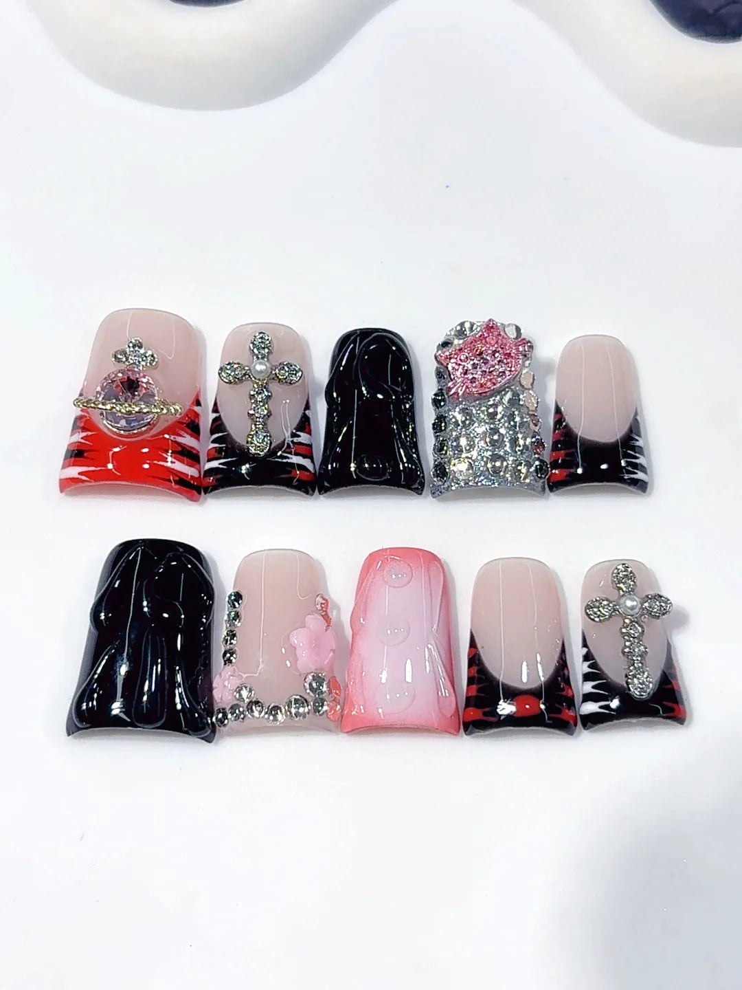 L308 - Short Pink Black Duck French Tip Teardrop Rhinestones - view 4