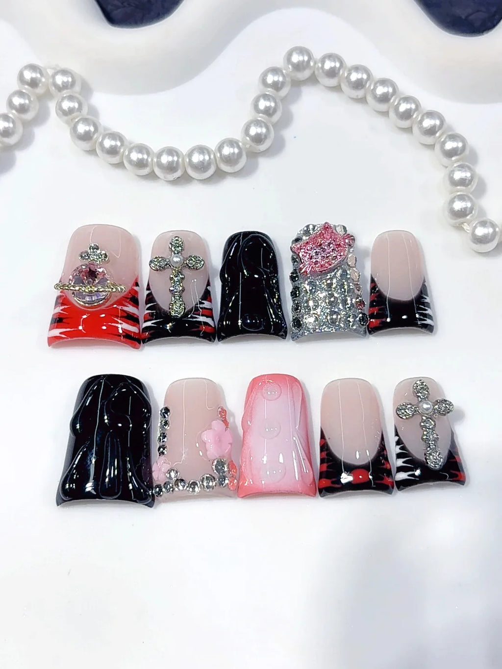 L308 - Short Pink Black Duck French Tip Teardrop Rhinestones - view 5