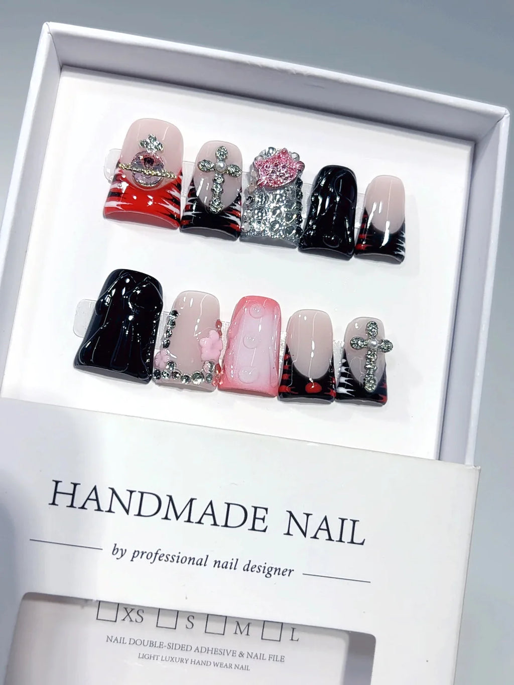 L308 - Short Pink Black Duck French Tip Teardrop Rhinestones - view 2