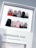 L308 - Short Pink Black Duck French Tip Teardrop Rhinestones - view 2