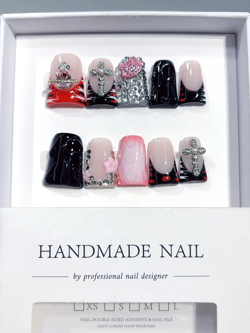 L308 - Short Pink Black Duck French Tip Teardrop Rhinestones - view 6