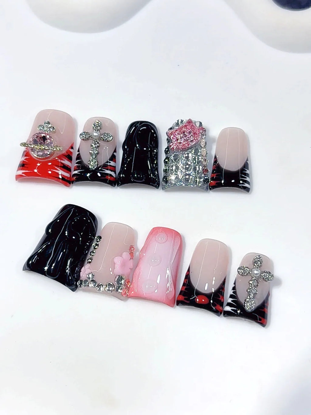 L308 - Short Pink Black Duck French Tip Teardrop Rhinestones - view 7