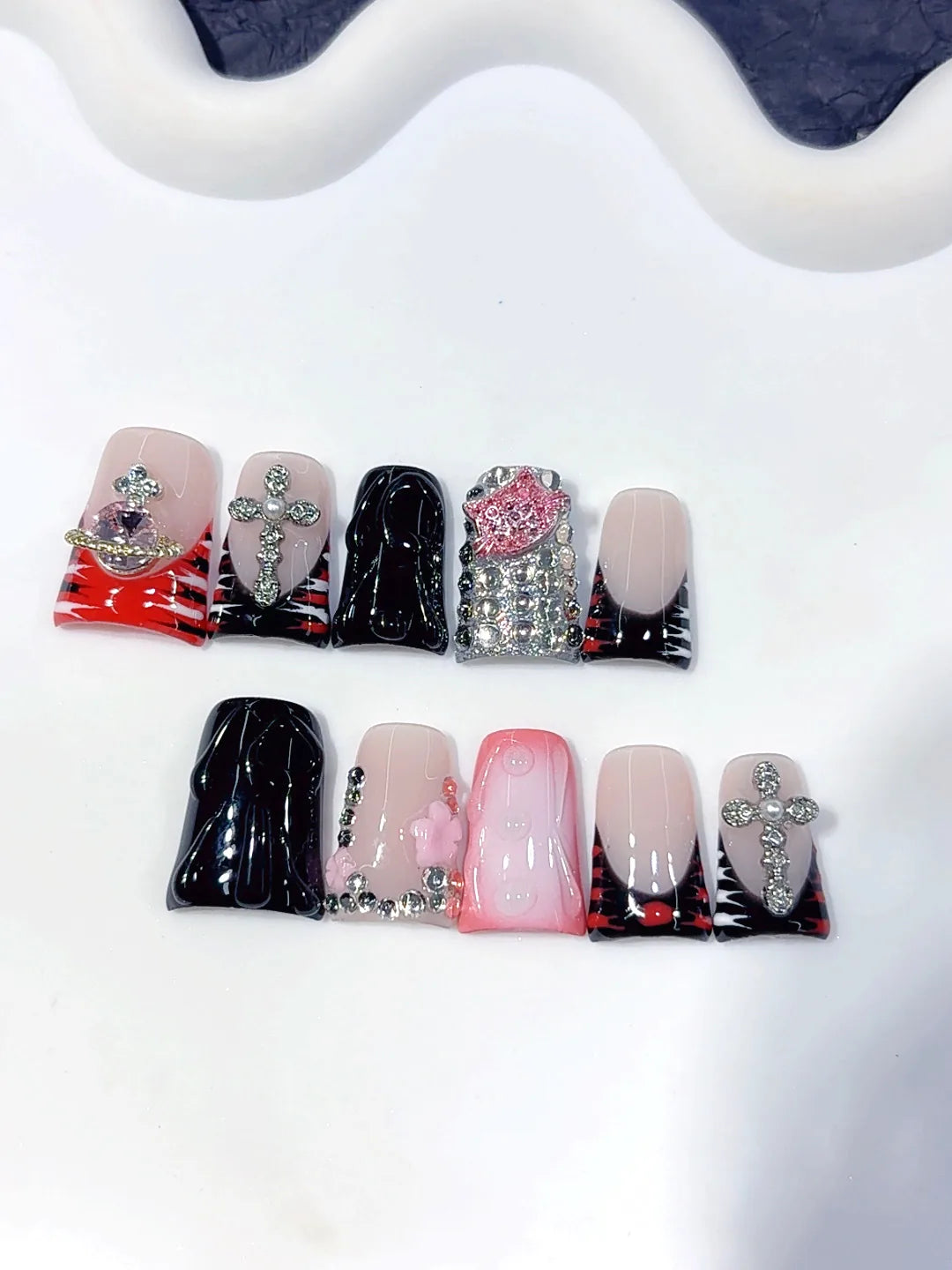 L308 - Short Pink Black Duck French Tip Teardrop Rhinestones - view 3