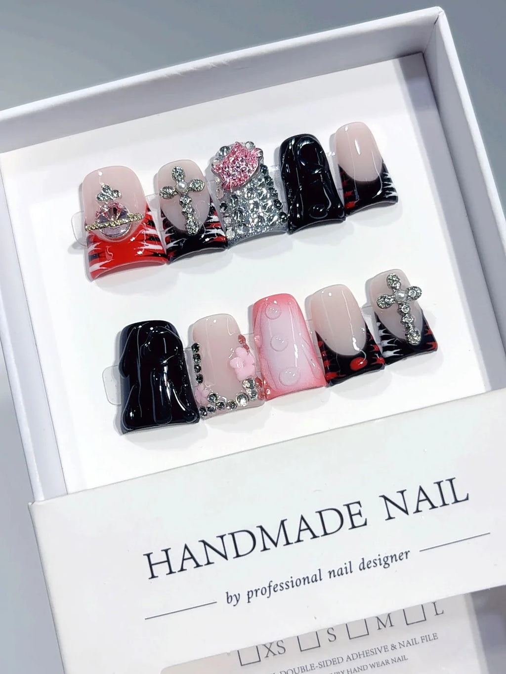 L308 - Short Pink Black Duck French Tip Teardrop Rhinestones - view 1