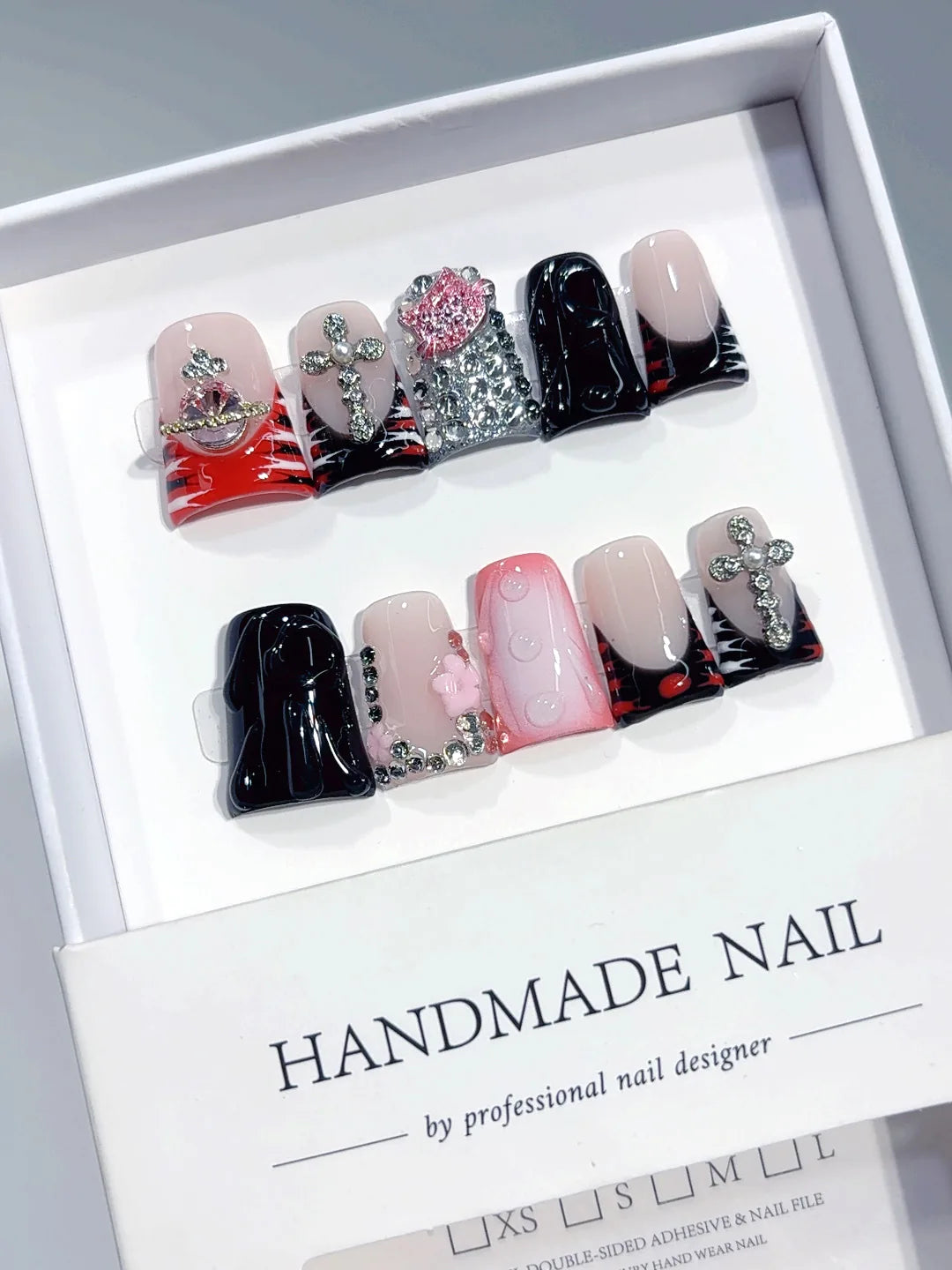 L308 - Short Pink Black Duck French Tip Teardrop Rhinestones - view 1