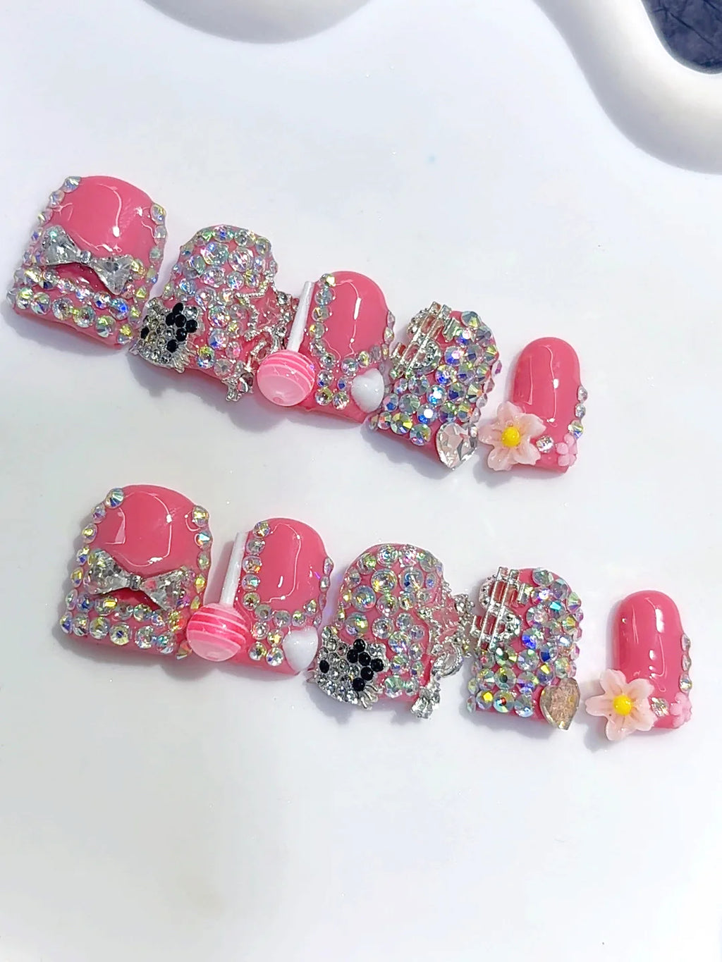 L310 - Short Hot Pink Silver Duck Full Rhinestone Glam - view 5