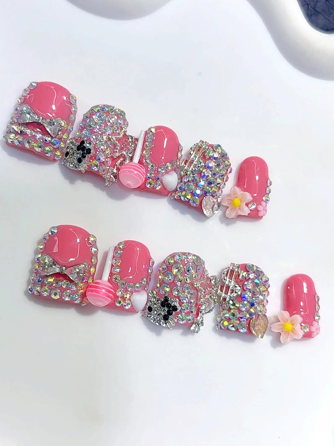 L310 - Short Hot Pink Silver Duck Full Rhinestone Glam - view 5