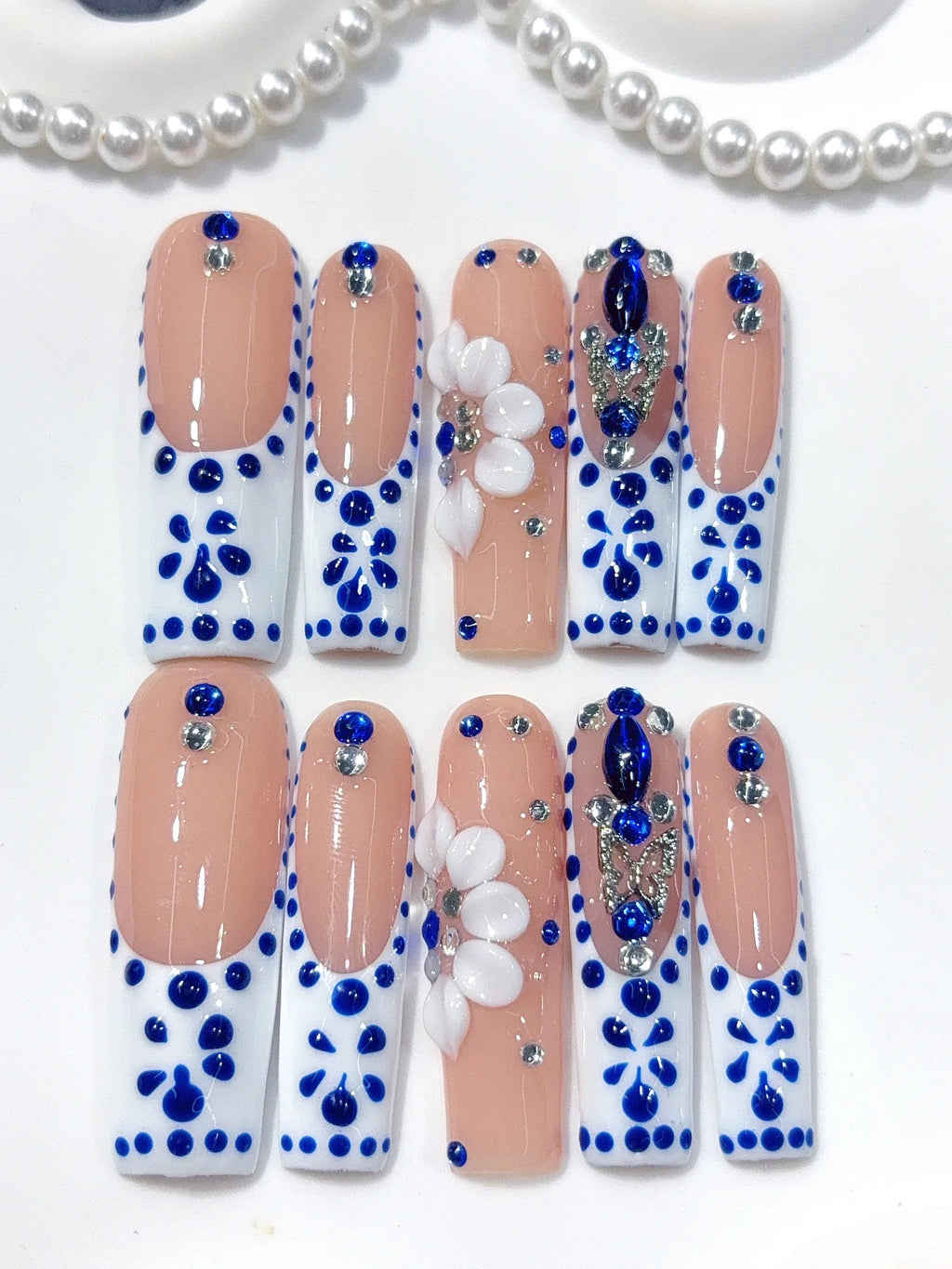 L311 - Long Nude Blue Square French Tip Polka Dot Flowers - view 4