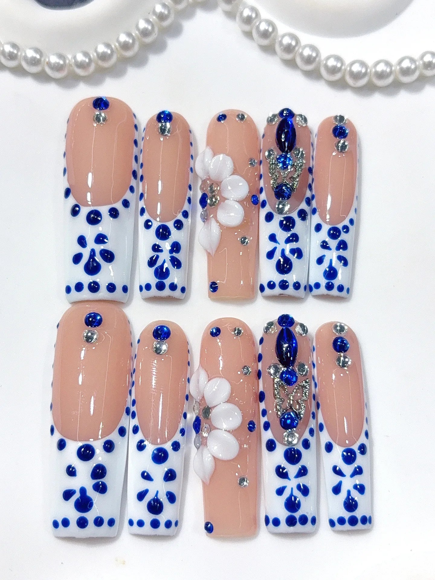 L311 - Long Nude Blue Square French Tip Polka Dot Flowers - view 4