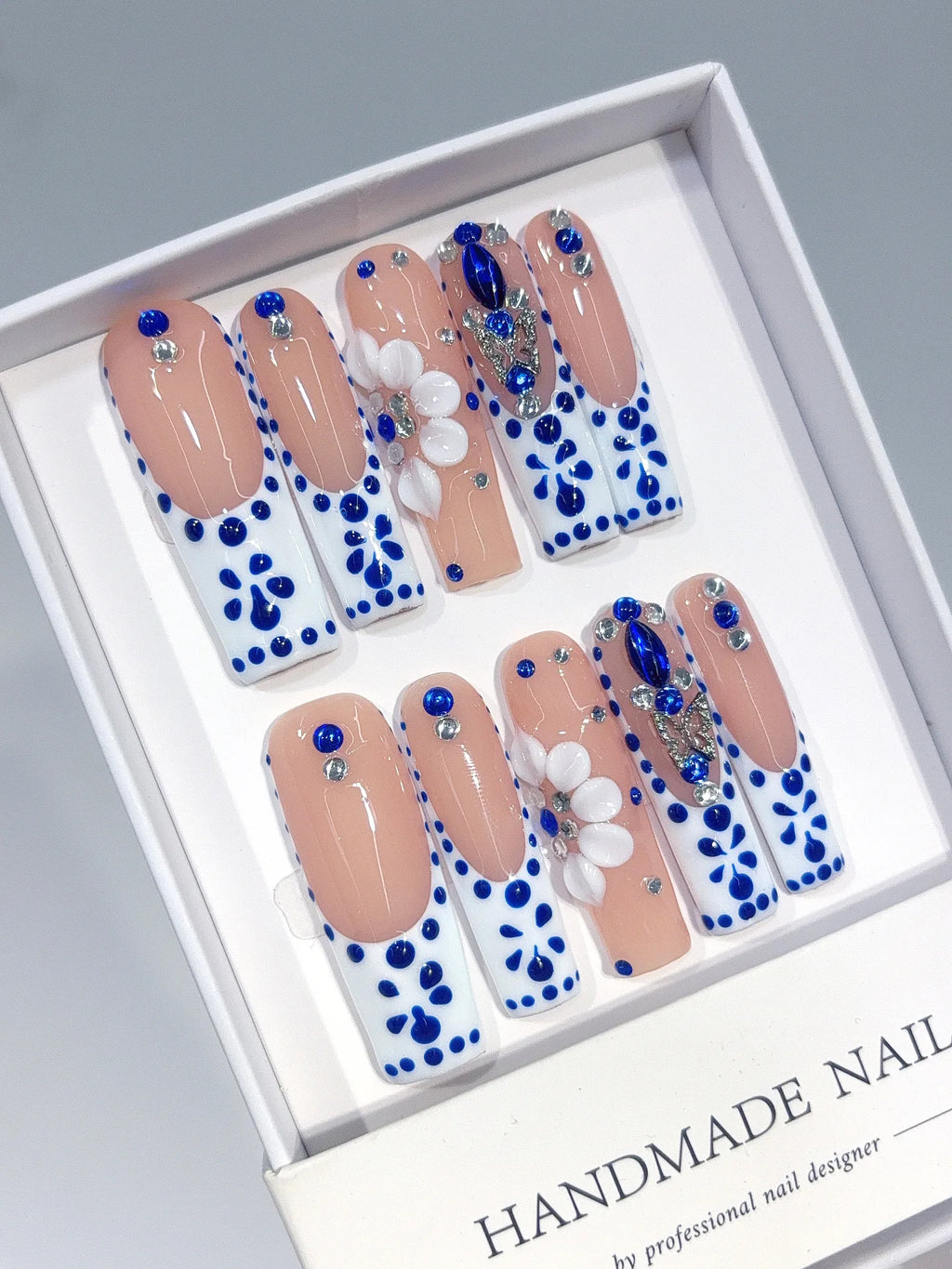 L311 - Long Nude Blue Square French Tip Polka Dot Flowers - view 5