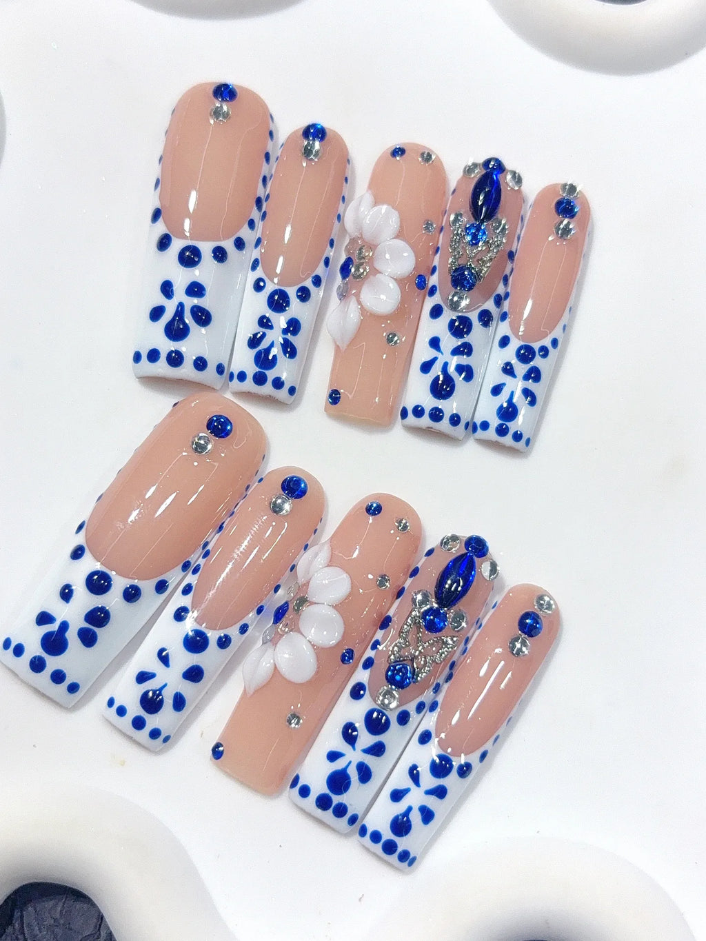 L311 - Long Nude Blue Square French Tip Polka Dot Flowers - view 2